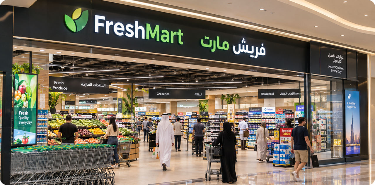 A busy FreshMart supermarket in a Dubai mall